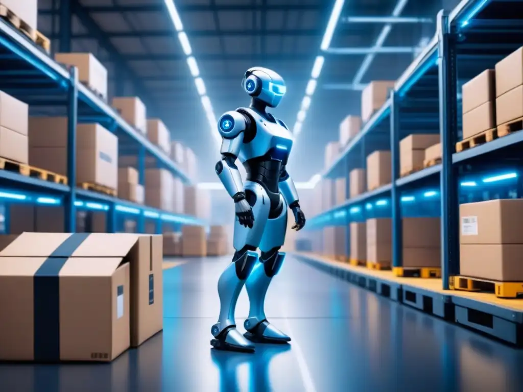 Almacén de alta tecnología con brazos robóticos y vehículos autónomos trabajando juntos en la logística con precisión y eficiencia