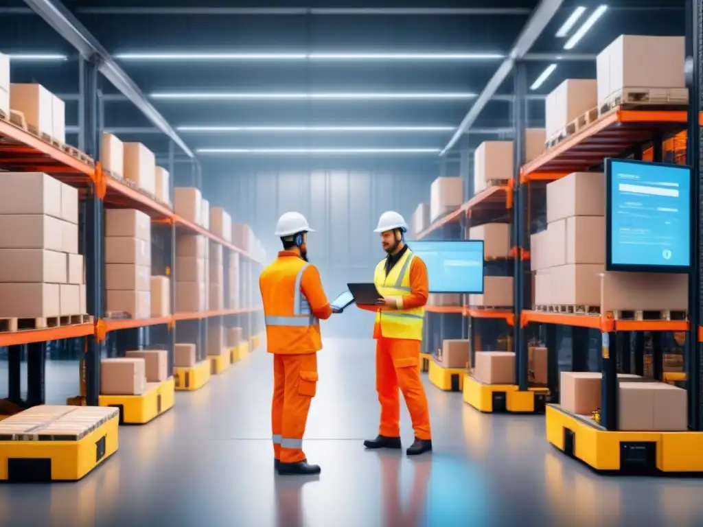 Almacén logístico futurista con robots y IA Frenesí tecnológico en almacén logístico: robots automatizados y trabajadores supervisando modelos de IA en pronóstico de demanda