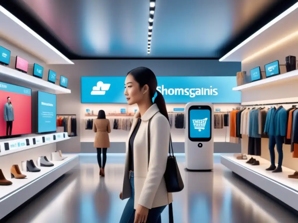 Tienda del futuro: compras personalizadas con asistentes AI Una tienda futurista con IA en personalización de compras: clientes interactúan con asistentes virtuales en pantallas digitales