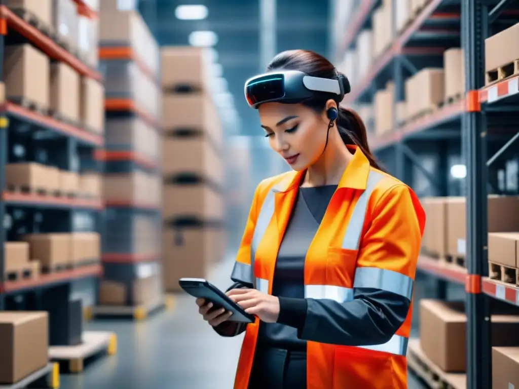 Trabajador logístico con tecnología wearable en almacén futurista Un trabajador en un almacén moderno con dispositivos vestibles asegura la seguridad en la industria logística