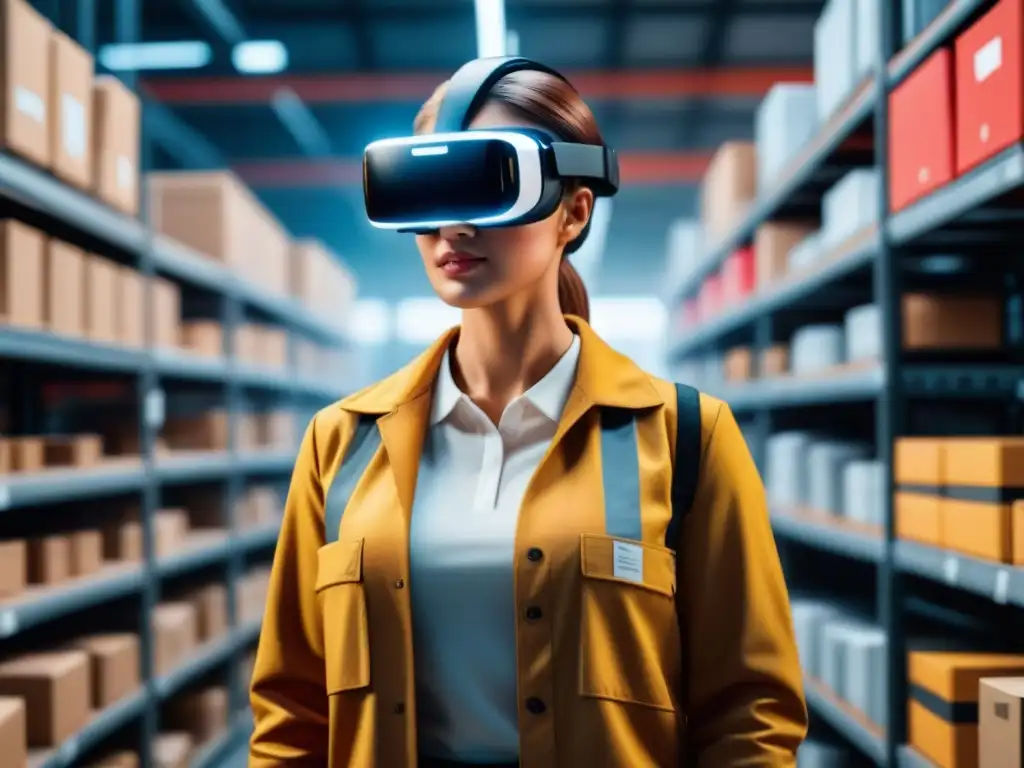 Trabajador con AR optimiza pedidos en almacén Trabajador con auriculares de realidad aumentada en logística innovadora