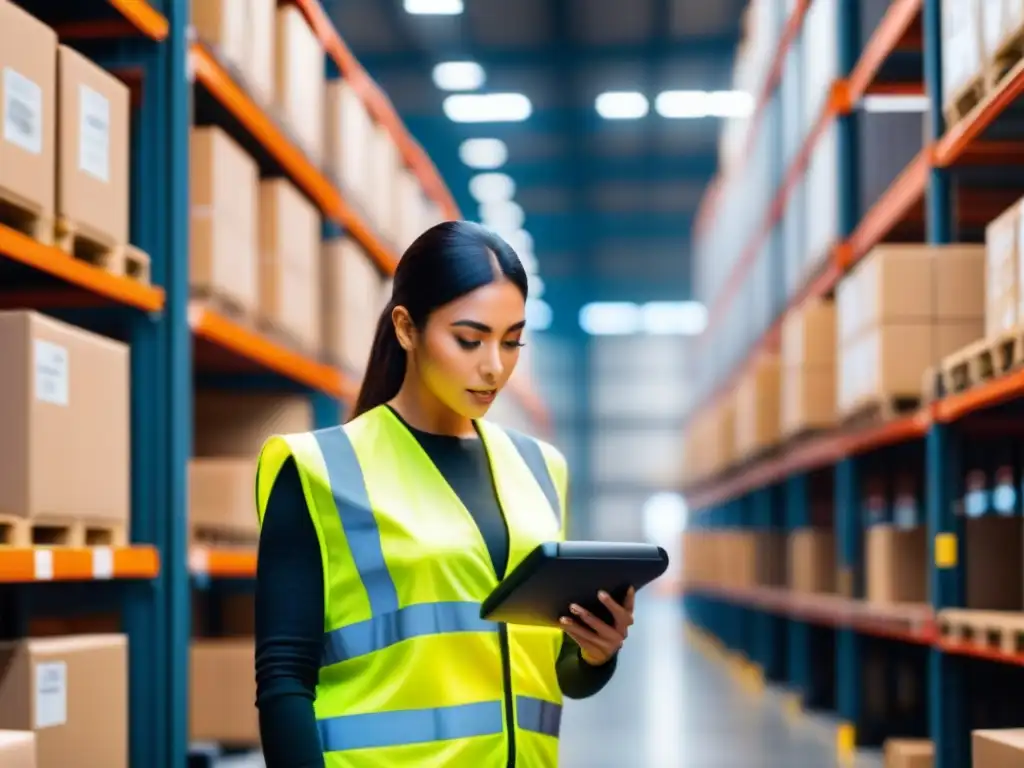 Un trabajador de almacén escanea un código de barras en una devolución, rodeado de estantes organizados