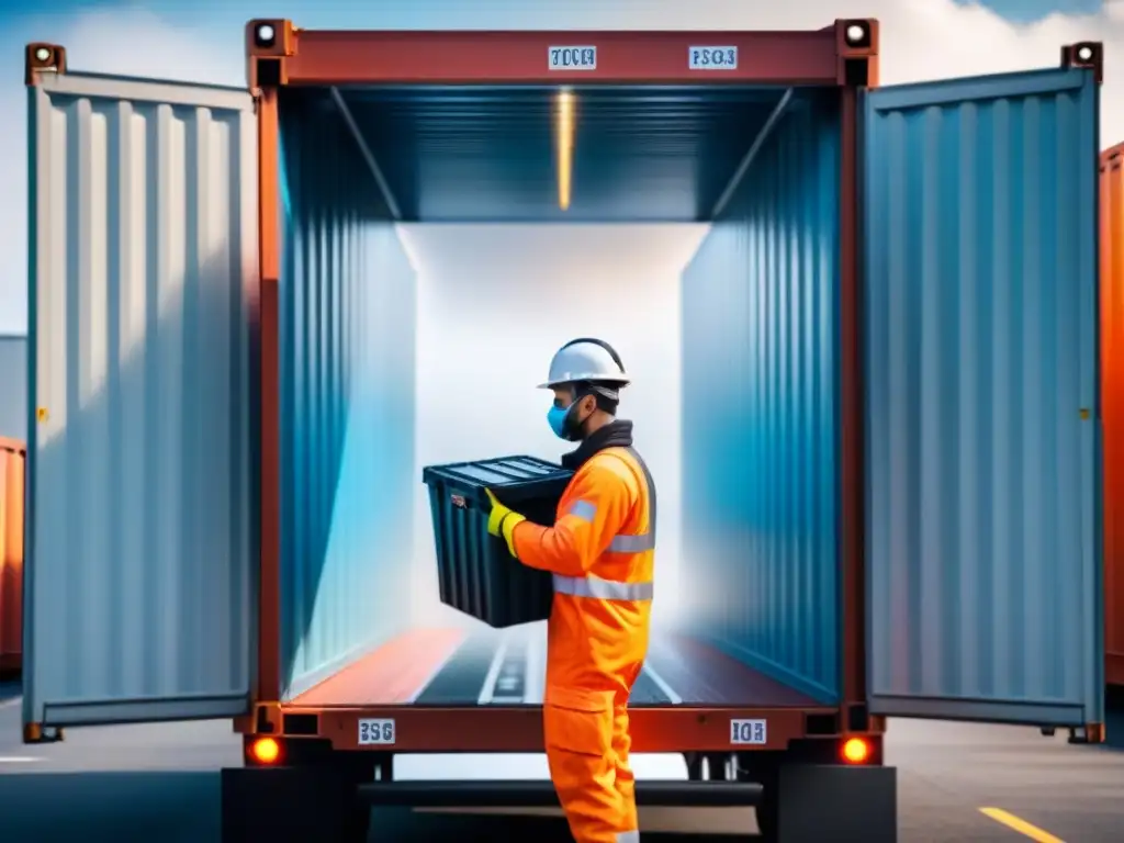 Envío seguro: contenedor de alta tecnología para productos sensibles Un trabajador carga un contenedor térmico de alta tecnología en un camión para entrega segura