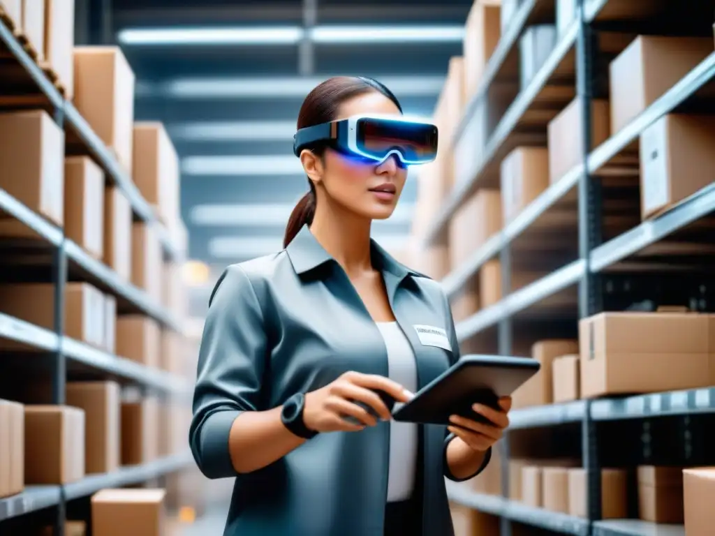 Trabajador de almacén con realidad aumentada escaneando paquetes Un trabajador de almacén usando gafas de Realidad Aumentada escaneando paquetes en un ambiente logístico futurista