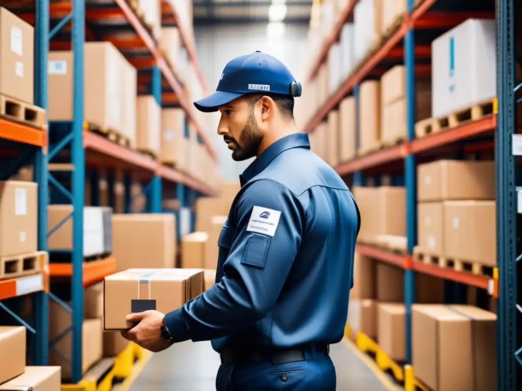Seguimiento GPS: Innovación en logística Un trabajador logístico asegura un dispositivo de seguimiento GPS en un envío, entre estanterías organizadas