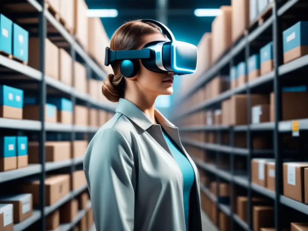 Trabajador de almacén con realidad virtual y AI Un trabajador de almacén usa realidad virtual para la gestión de devoluciones con inteligencia artificial