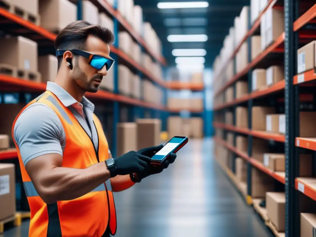 Trabajador logístico con tecnología wearable en almacén Un trabajador de almacén con tecnología wearable logística última milla, escanea paquetes frente a estantes llenos, en un almacén automatizado