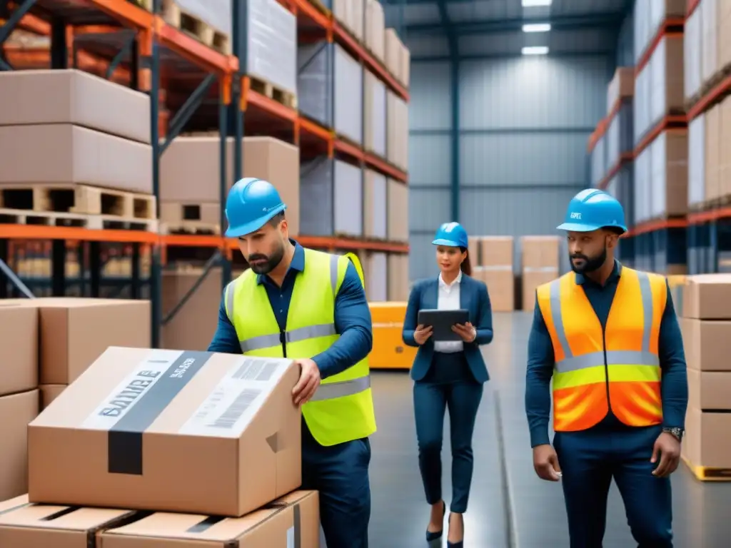 Eficiente almacén con supply chain innovadora Trabajadores organizan eficientemente un almacén con soluciones inteligentes embalaje logística