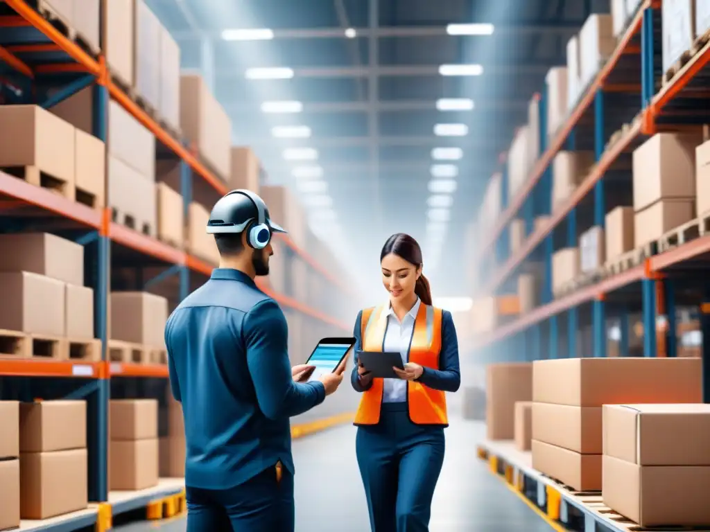 Optimización logística: Chatbots revolucionan el centro de distribución Trabajadores en almacén usando chatbots en logística para eficiencia en entrega