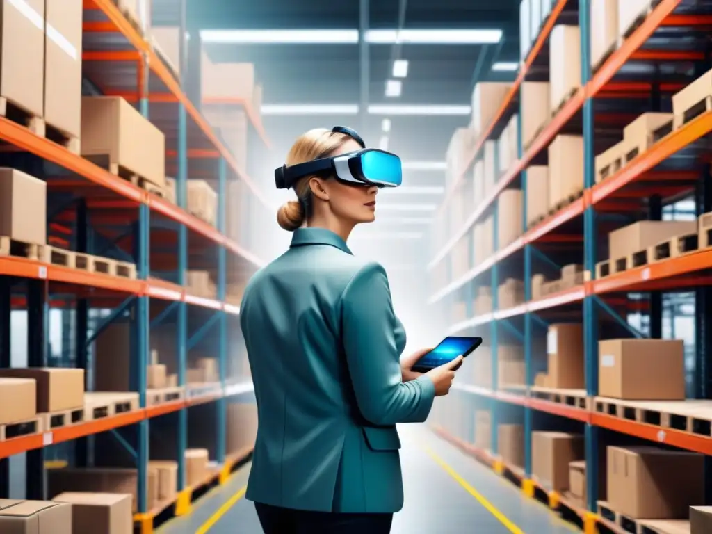 Almacén futurista: Eficiencia logística con AR Trabajadores con gafas de Realidad Aumentada en logística eficiente