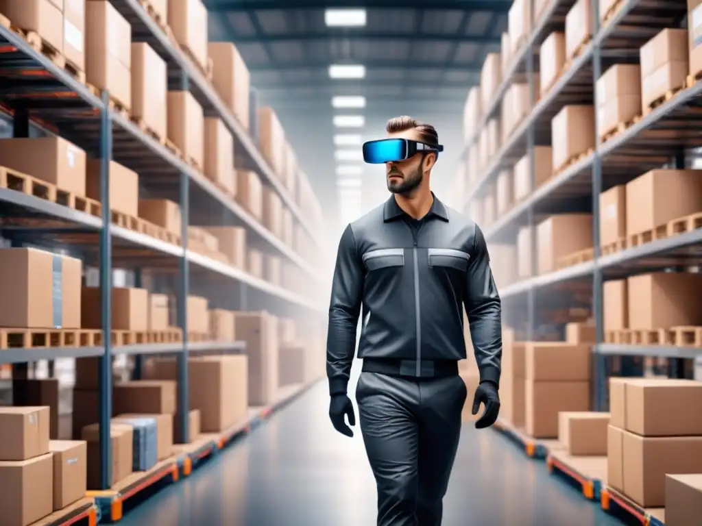 Almacén del futuro: Realidad Aumentada en la logística Trabajadores con gafas de realidad aumentada en almacén futurista