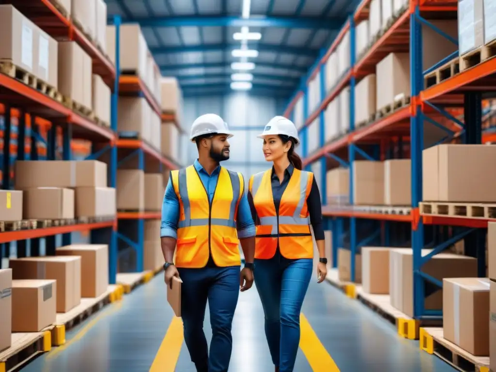 Imagen detallada: trabajadores con tecnología en almacén logístico Trabajadores logísticos con dispositivos vestibles de seguridad en almacén ocupado