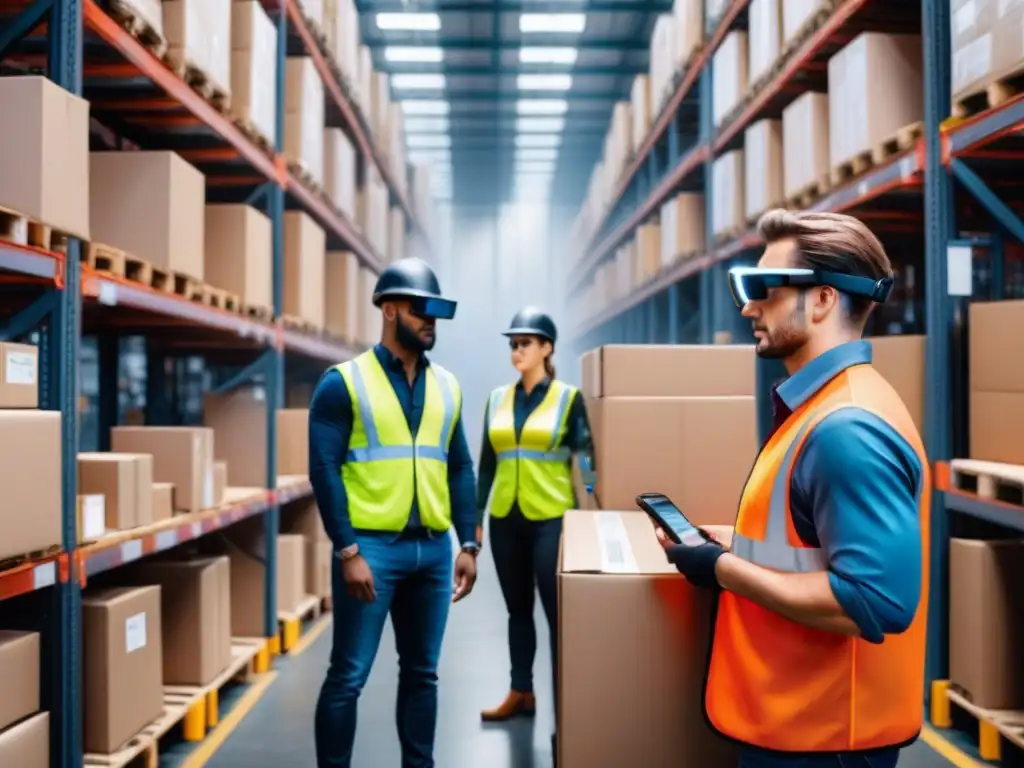 Almacén logístico tecnológico: eficiencia y seguridad en acción Trabajadores logísticos con dispositivos vestibles mejoran seguridad y eficiencia en almacén