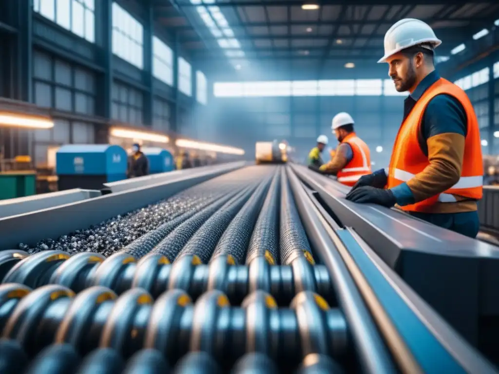 Planta de reciclaje: trabajadores en acción por la sostenibilidad Trabajadores en planta de reciclaje, destacando la Economía circular en logística inversa