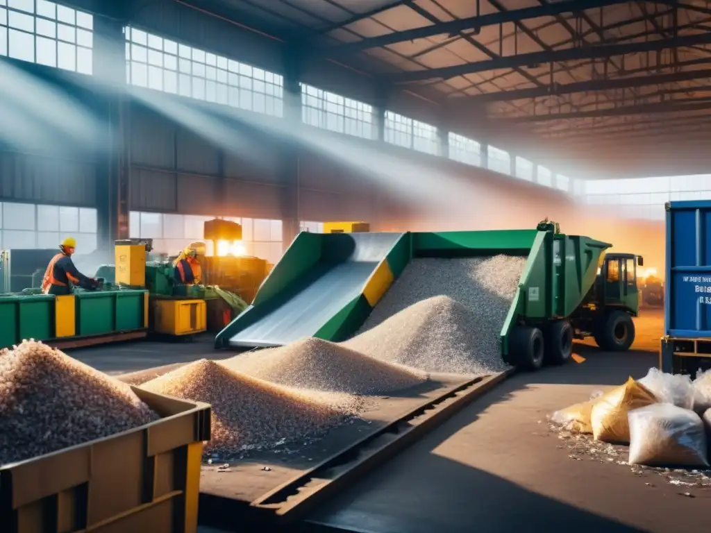 Planta de reciclaje: trabajadores separando materiales Trabajadores en planta de reciclaje separando plástico, vidrio y papel