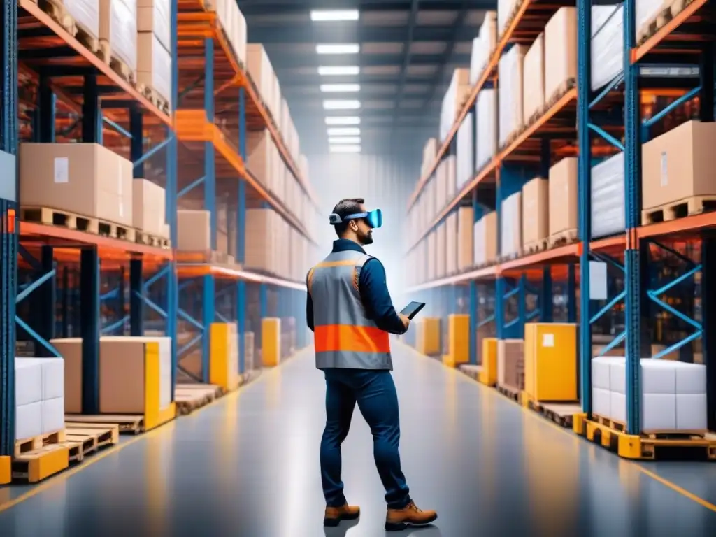 Almacén futurista con realidad aumentada para logística eficiente Trabajadores con Realidad Aumentada en logística gestionan inventario con eficiencia en almacén lleno de movimiento