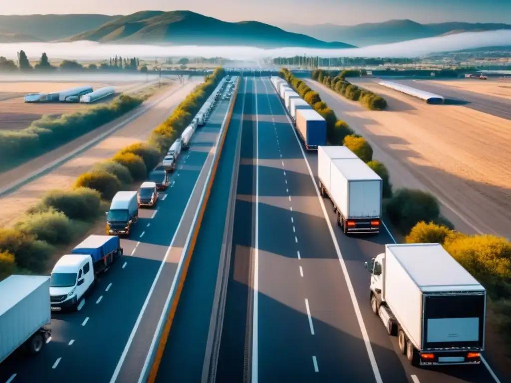Control fronterizo: flujo vehicular y seguridad en la frontera Tráfico intenso en paso fronterizo, con inspecciones y normativas seguridad transporte transfronterizo