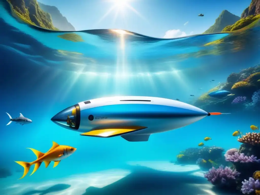 Transporte submarino futurista: vehículos aerodinámicos avanzados surcan aguas cristalinas junto a peces coloridos Transporte submarino eficiente con tecnología innovadora: vehículos aerodinámicos avanzan entre peces coloridos en aguas cristalinas