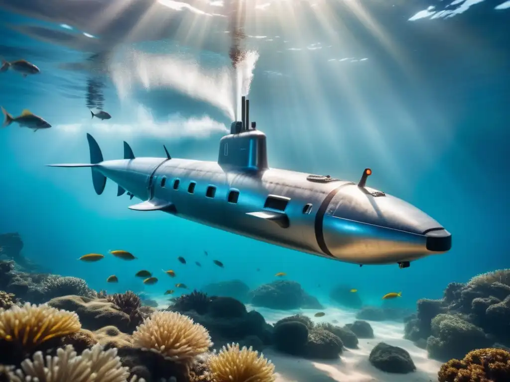 Submarino futurista surcando aguas cristalinas entre peces iridiscentes Transporte submarino eficiente con tecnología innovadora surcando aguas cristalinas entre peces vibrantes