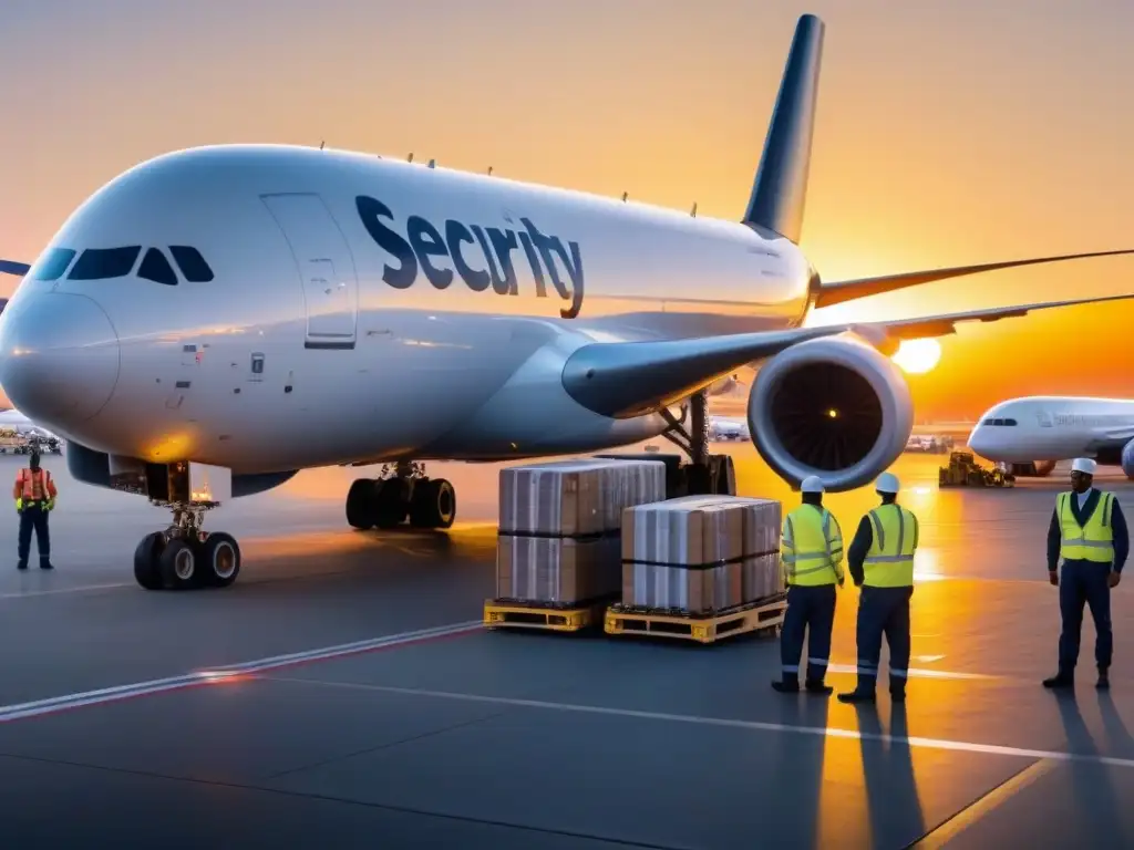 Trasfondo de aeropuerto con carga aérea y trabajadores bajo medidas de seguridad