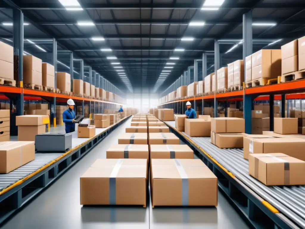 Almacén logístico: personalización eficiente de paquetes Trasfondo innovador en empaque logístico: trabajadores personalizan paquetes en almacén bullicioso