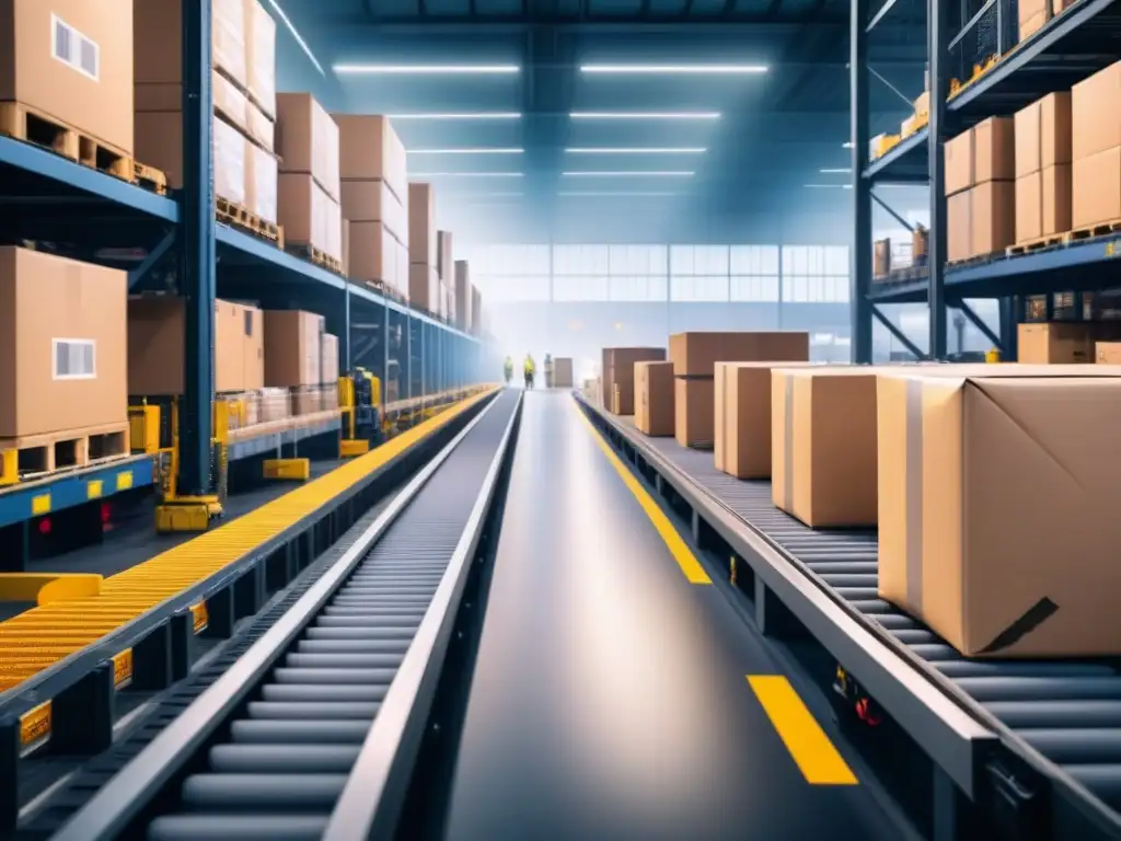 Almacén hightech con automatización y seguridad avanzada Trasiego frenético en almacén de alta tecnología con trabajadores, cintas transportadoras y avanzados sistemas de seguridad