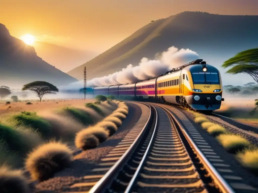 Tren de carga de alta velocidad en África: eficiencia y belleza Un tren de alta velocidad transportando mercancías en África bajo una puesta de sol dorada