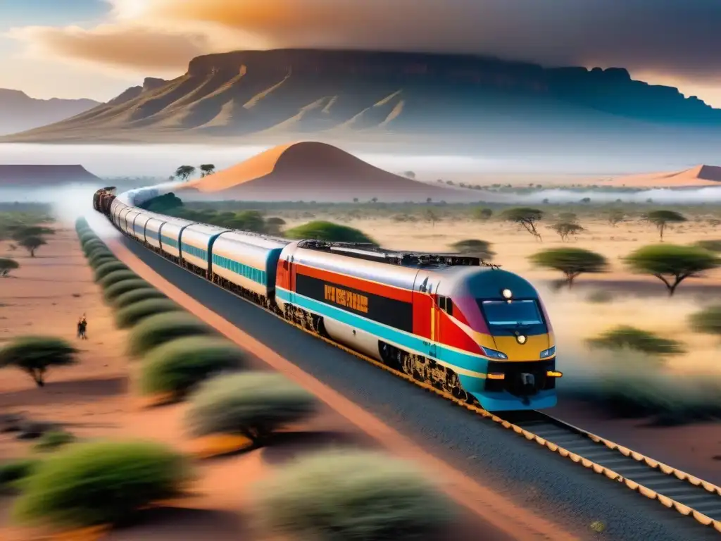 Avance cultural: tren de alta velocidad en paisaje africano Un tren de carga de alta velocidad surca el paisaje africano, fusionando tecnología y cultura local