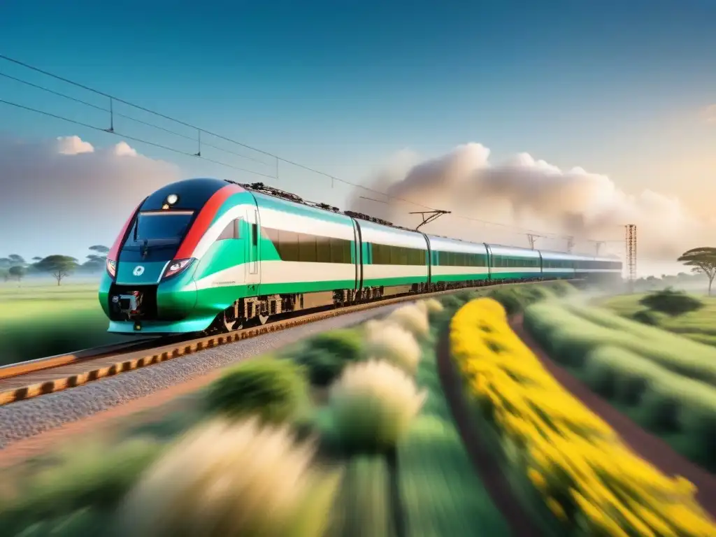 Tren de carga de alta velocidad en África: fusión cultural en movimiento Un tren de carga de alta velocidad recorre paisajes vibrantes de África, fusionando modernidad y tradición