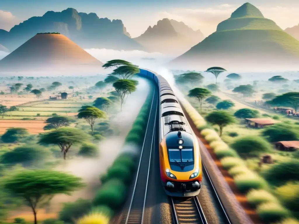 Avance africano: tren de alta velocidad conecta tradición y modernidad Un tren de mercancías de alta velocidad recorre paisajes africanos, fusionando tradición y modernidad