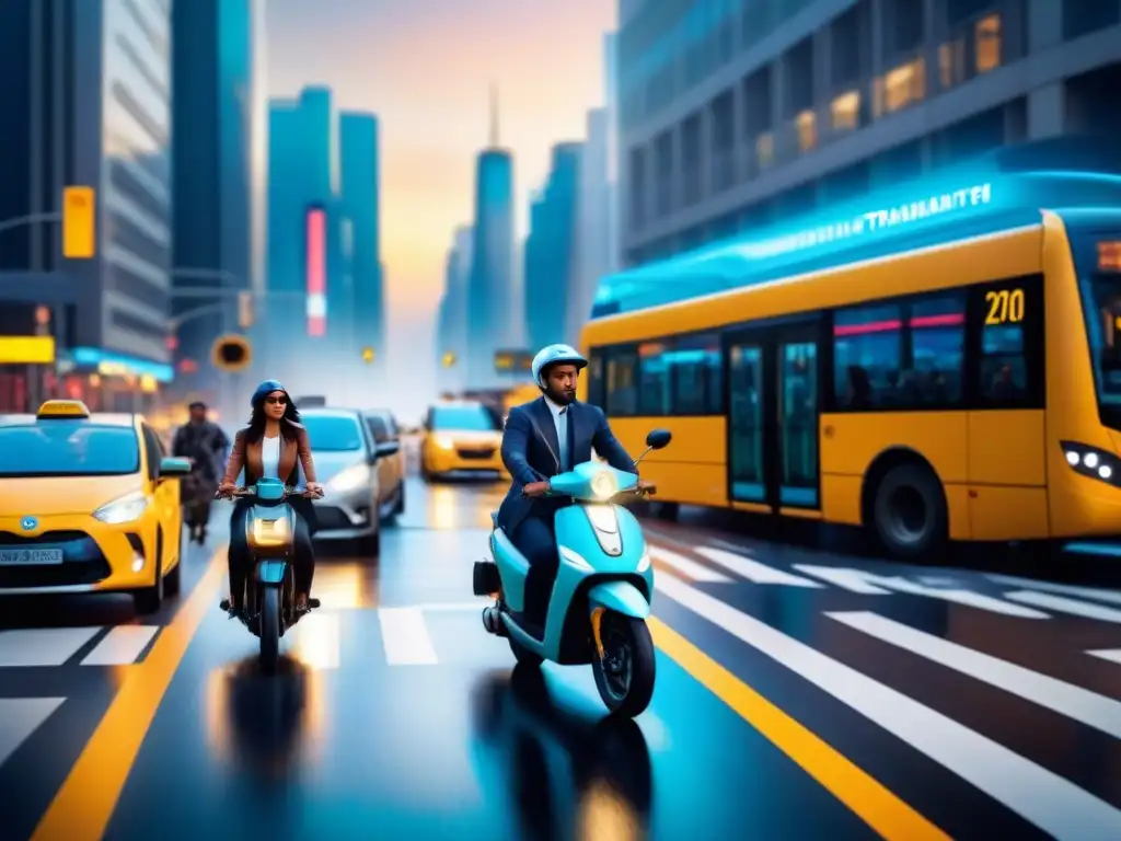 Intersección urbana: armonía de transporte multimodal Intersección urbana con diversidad de transportes en hora pico