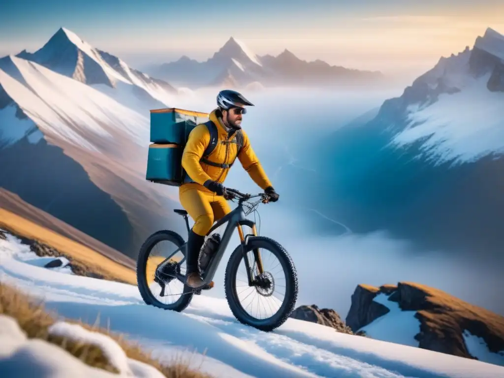 Entrega express en la montaña nevada: desafío y paisajes helados Valiente repartidor en bici por montaña nevada con paisaje helado al fondo, mostrando soluciones innovadoras transporte última milla