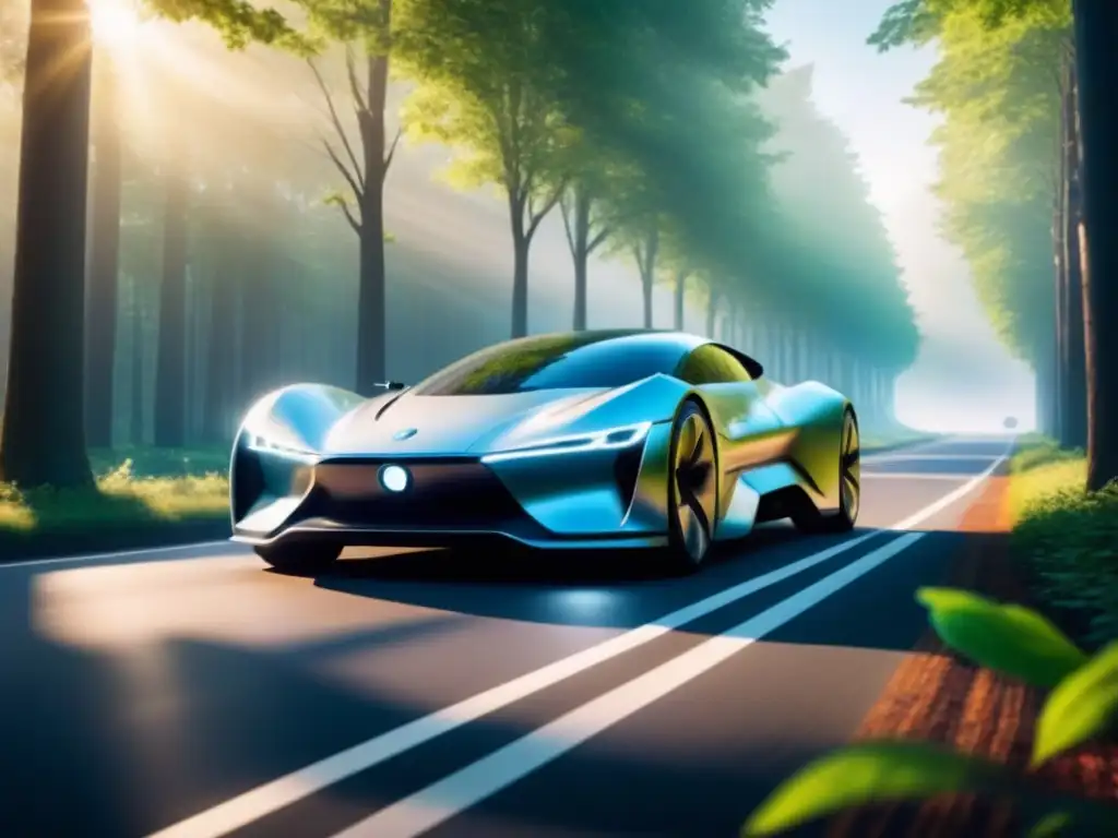 Vehículo eléctrico autónomo en entorno natural Vehículo autónomo eléctrico eficiente energéticamente surcando un camino arbolado bajo el sol filtrado entre las hojas