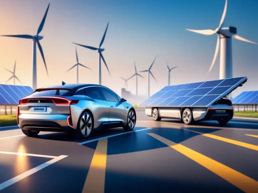 Vehículo eléctrico cargando en estación sostenible Vehículo eléctrico cargando en estación avanzada, rodeado de paneles solares y turbinas eólicas