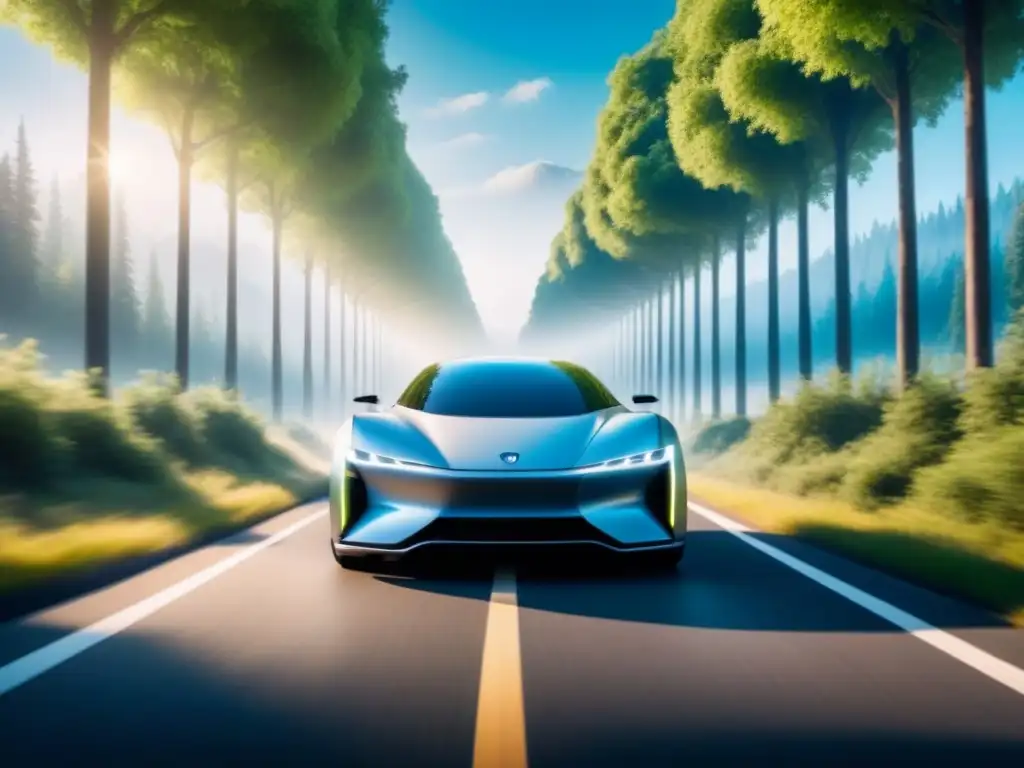 Vehículo autónomo eléctrico futurista en carretera arbolada Un vehículo autónomo eléctrico innovador deslizándose suavemente en una carretera rodeada de árboles verdes bajo un cielo azul claro