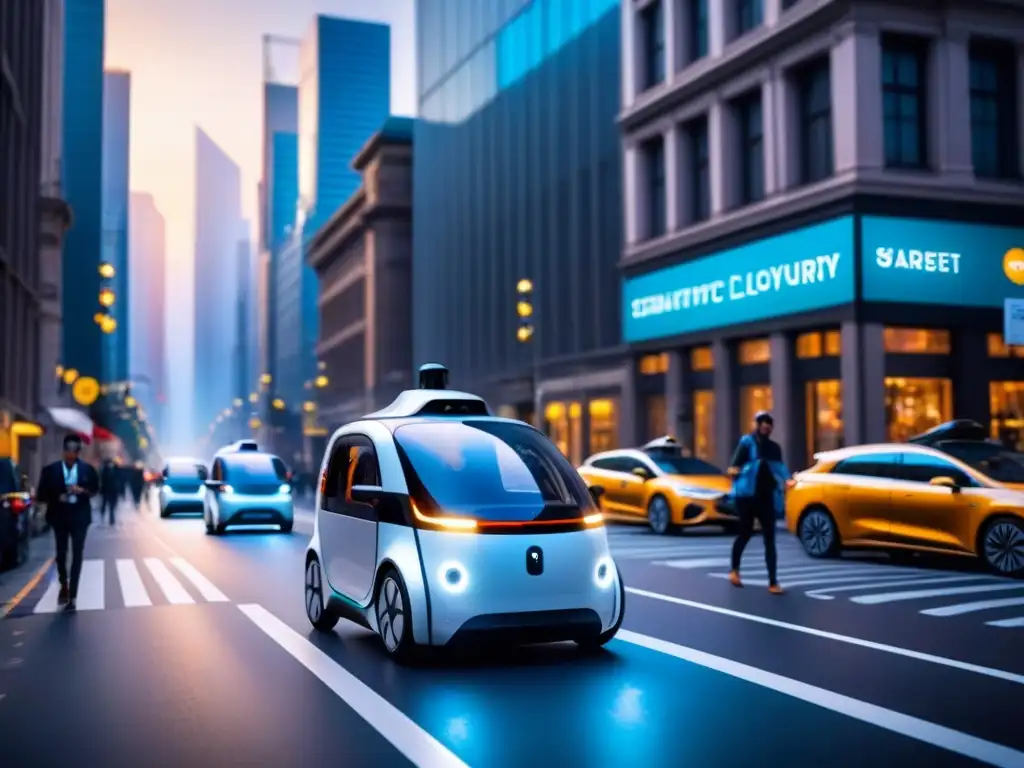 Street del futuro: vehículos autónomos revolucionando la logística urbana Vehículos autónomos en logística: Calle urbana llena de vehículos autónomos entre peatones y coches tradicionales, mostrando tecnología avanzada
