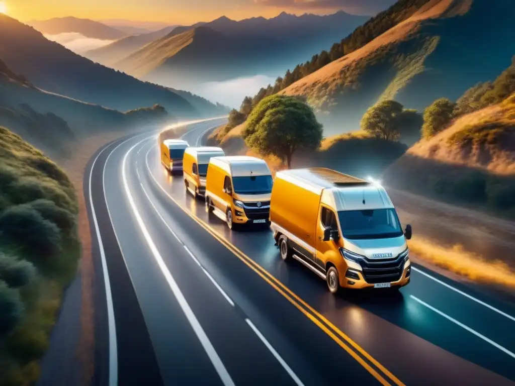 Flota de vehículos comerciales avanzados en ruta montañosa al atardecer Fotografía de vehículos comerciales modernos con tecnologías de seguimiento para eficiencia, en una carretera de montaña al atardecer