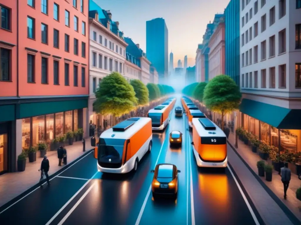 Flota eléctrica: logística sostenible en la ciudad Vehículos eléctricos en entrega urbana eficiente: flota colorida de camiones y furgonetas eléctricas en bullicioso centro urbano