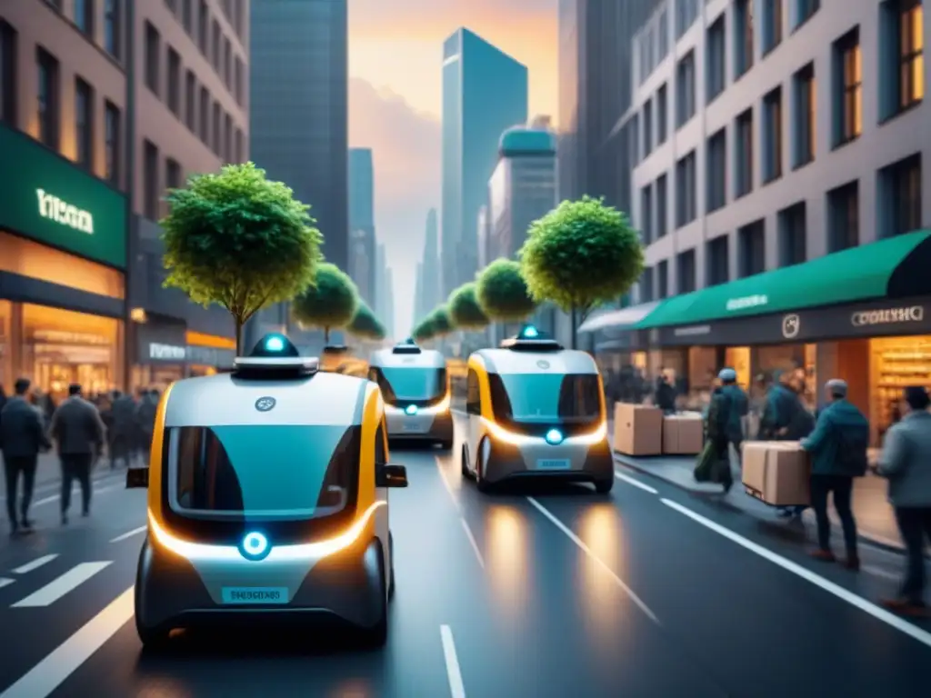 Flota eléctrica: eficiencia urbana sostenible Vehículos eléctricos en logística urbana: Una escena urbana llena de vehículos de entrega eléctricos, eficientes y sostenibles
