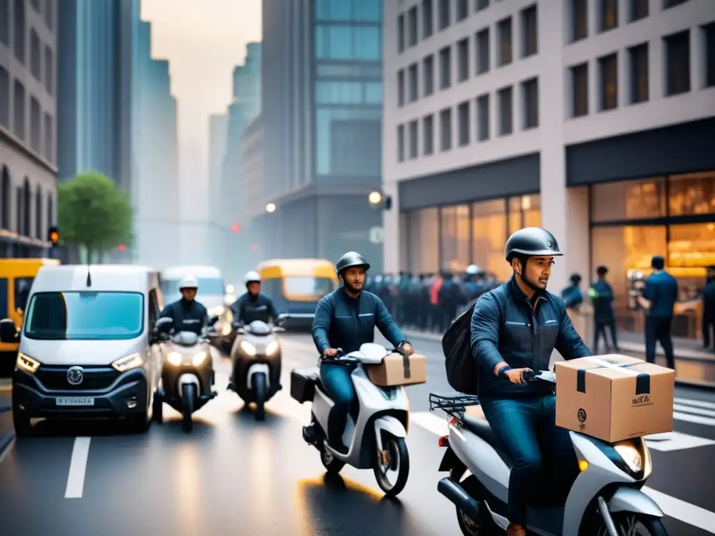 Caótico y eficiente: la última milla de entregas en la ciudad Vehículos de entrega en una calle urbana bulliciosa, mostrando estrategias flexibles última milla transporte