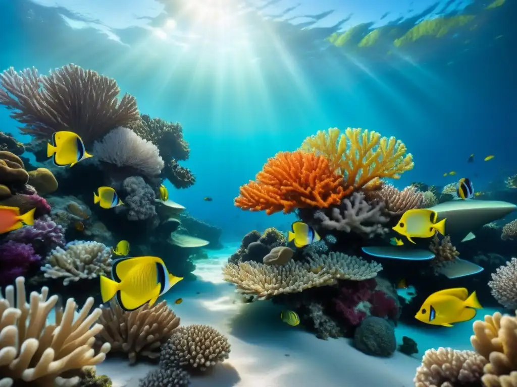 Arrecife de coral vibrante: biodiversidad marina en detalle Un vibrante arrecife de coral lleno de vida marina colorida bajo aguas turquesas cristalinas