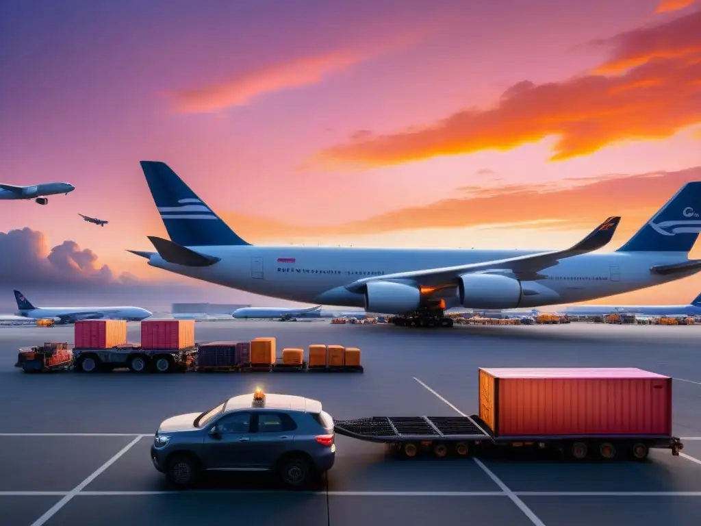 Un vibrante atardecer en el área de carga aérea del aeropuerto, con aviones y seguridad