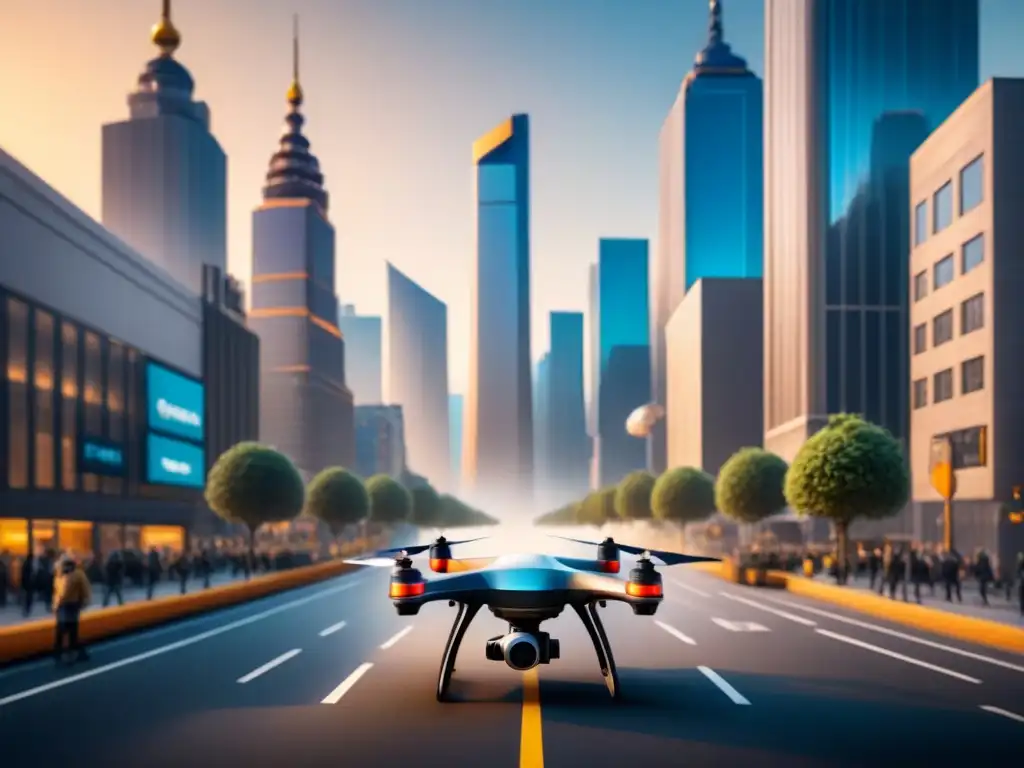 Entrega con drones en la ciudad: la revolución del AI en logística Vibrante calle de la ciudad con servicio de entrega de drones, mostrando soluciones de IA para logística en acción