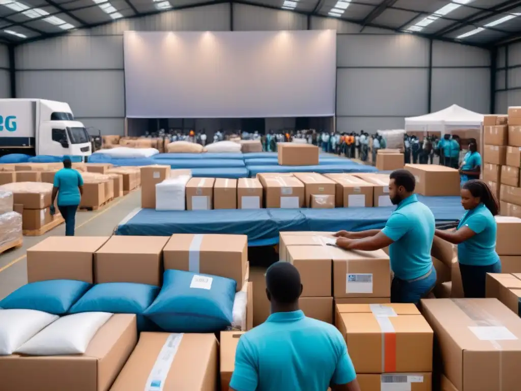 Centro de distribución humanitaria: Eficiencia y solidaridad en acción Un vibrante centro de distribución de ayuda humanitaria, con trabajadores eficientes organizando suministros