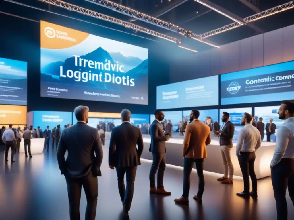 Convención de logística pospandémica: innovación y colaboración en acción Un vibrante centro de convenciones con profesionales de logística discutiendo soluciones innovadoras postpandemia