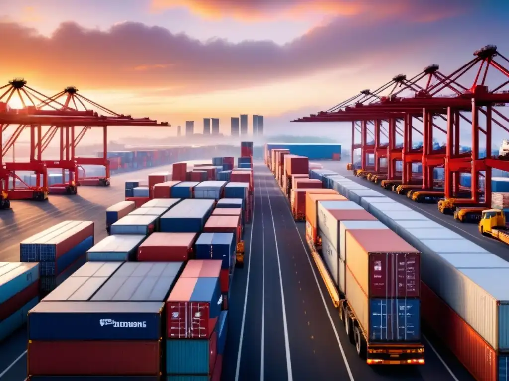 Centro logístico global: eficiencia y precisión al atardecer Un vibrante centro logístico global al atardecer destaca soluciones innovadoras en transporte y logística