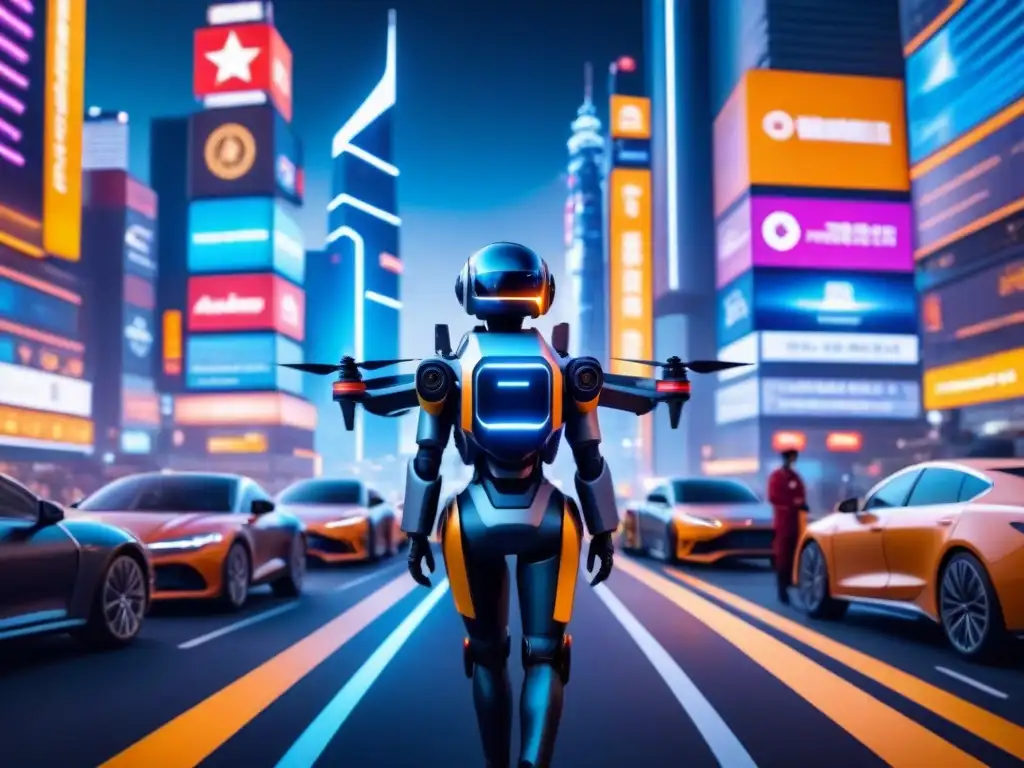 Metrópolis asiática futurista: IA en logística Vibrante ciudad asiática futurista de noche con drones y robots, IA en logística asiática