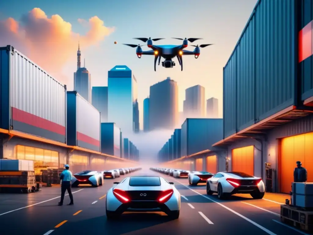 Metrópolis futurista: logística innovadora postCOVID Vibrante ciudad futurista con drones, robots de entrega y almacenes de alta tecnología, en un mundo postCOVID