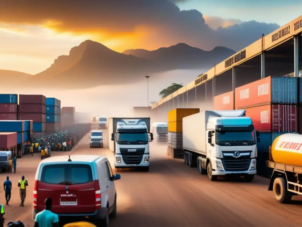 Escena vibrante de comercio transfronterizo en África Un vibrante cruce de fronteras en África, con camiones, comerciantes y movimiento logístico