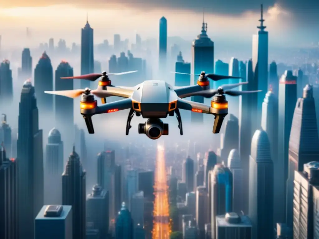 Flota de drones de entrega surcando la ciudad latinoamericana Vibrante escena de entregas con drones en Latinoamérica, mostrando la integración tecnológica en la metrópolis